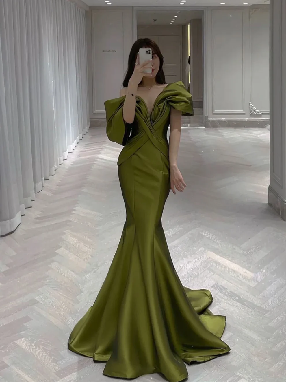 Pretty Off The SHoulder Mermaid Prom Dress,Green Satin Party Evening Gown cc2610