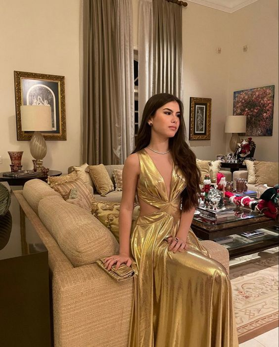 Gorgeous Gold Spaghetti Straps Deep V Party Evening Gown,A Line Prom Dress cc2503