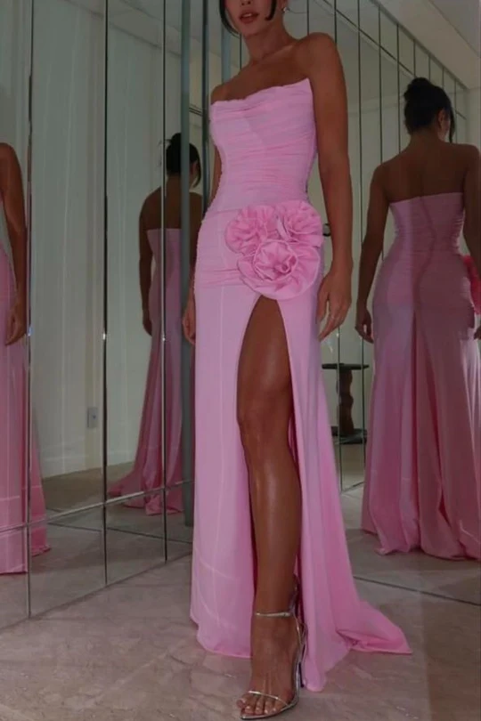 Pretty Pink Strapless Pleated Flower Mermaid Prom Dress Evening Dress With Slit cc1992