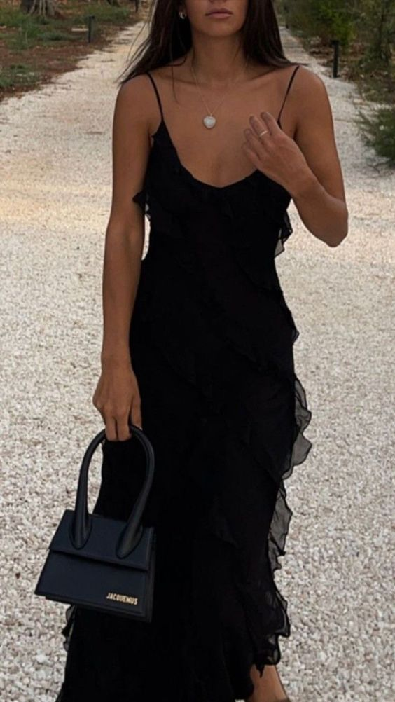 Black Sexy Mermaid Ruffles Evening Dress Spaghetti Straps Prom Dress Party Dress cc1855