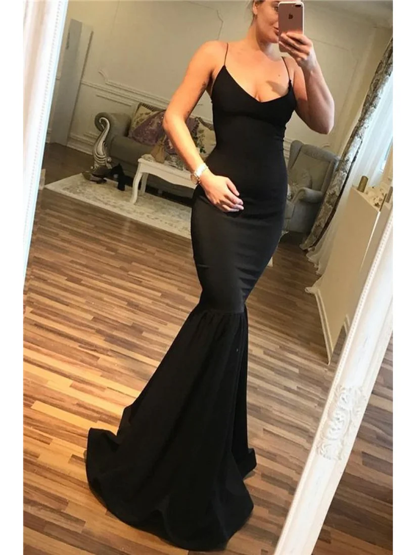Black Spaghetti Straps Mermaid Prom Dress Formal Evening Dress cc2350
