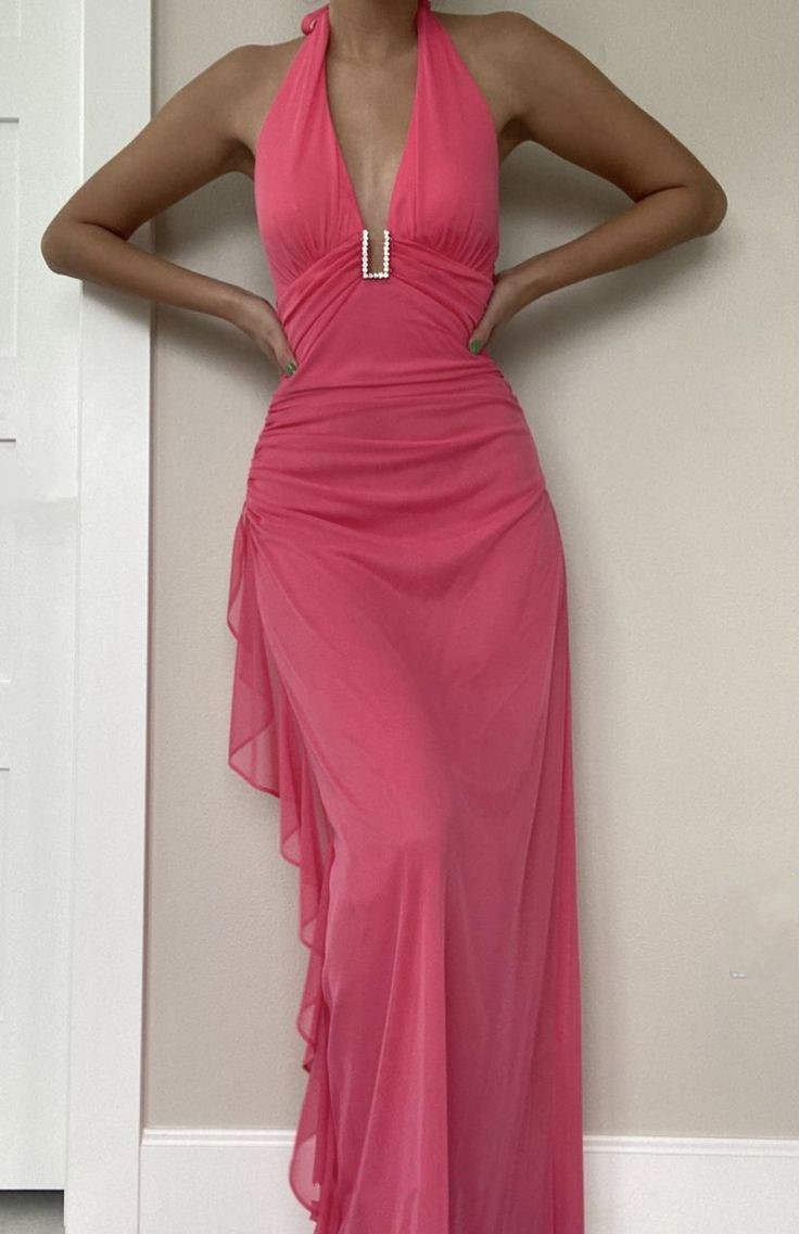 Sexy Halter Deep V Neck Chiffon Ruffles Prom Dress Pink Long Party Dress cc2102