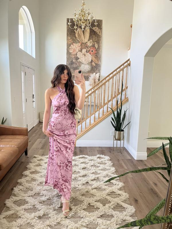 Elegant Pink Halter Satin Print Floral Long Evening Dress Party Gown cc2897