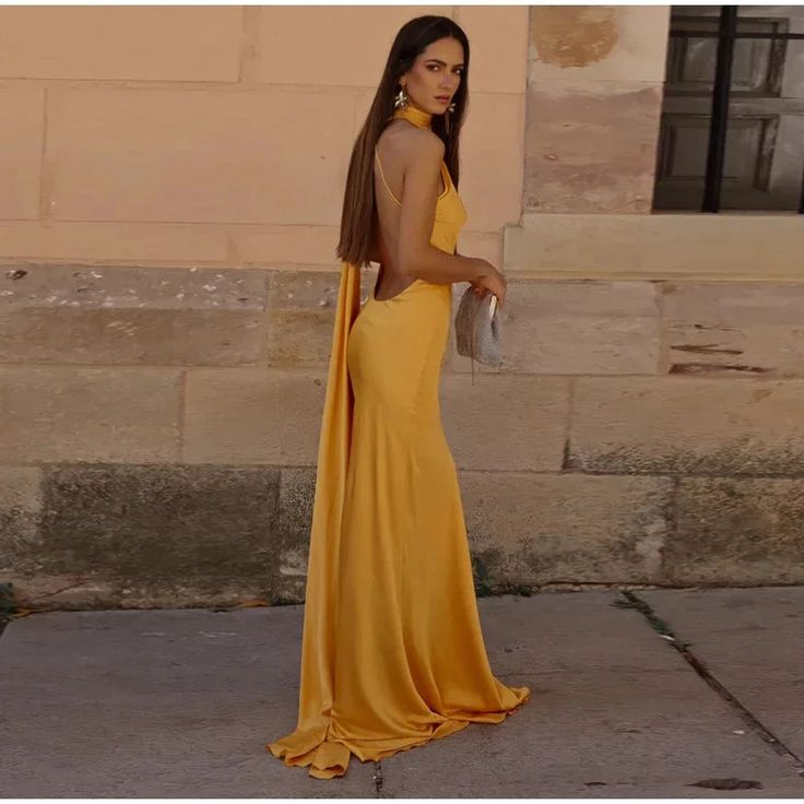 Sexy Halter Yellow Satin Backless Mermaid Evening Dress,Long Party Dress cc2900