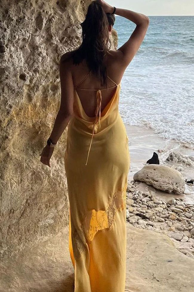 Classy Mermaid Straps Yellow Lace Hollow Out Long Prom Dress Birthday Dress cc1973