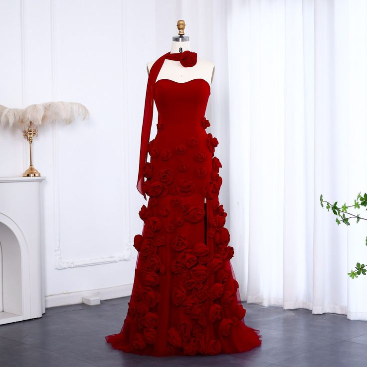 Beautiful Pink Strapless Tulle Rose Flowers Prom Dress Mermaid Slit Evening Dress Wedding Dress cc2084