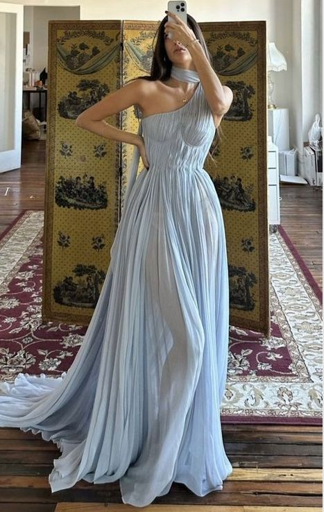 Charming Light Blue One Shoulder Pleated Long Party Prom Dress cc2107