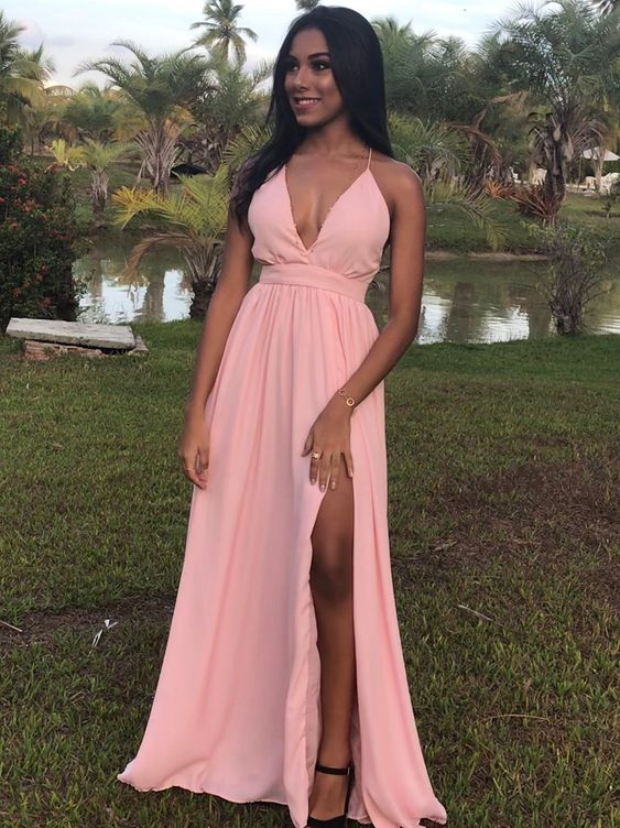 A Line V Neck Pink Chiffon Long Prom Dress, With High Slit V Neck Pink Formal Graduation Evening Dress cc992