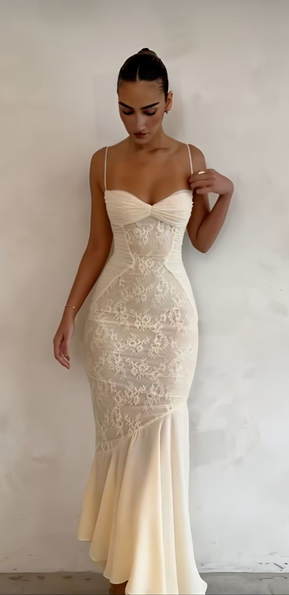 Apricot Lace Chiffon Mermaid Evening Dress Classy Prom Party Dress cc2262
