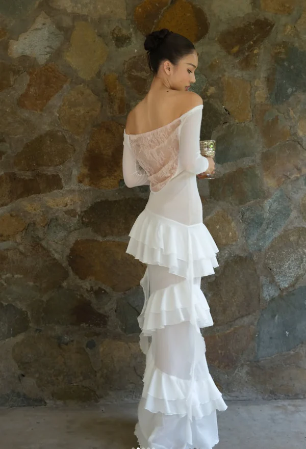 Charming Off The Shouler Lace Chiffon Layered Evening Dress,White Long Prom Wedding Dress cc2551