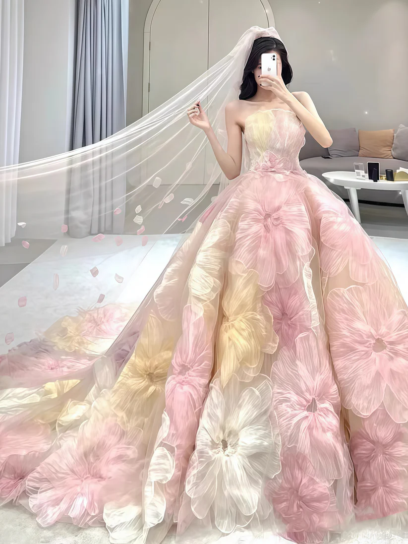 Gorgeous Strapless Tulle Flowers A Line Ball Gown Fairy Wedding Dress cc2725