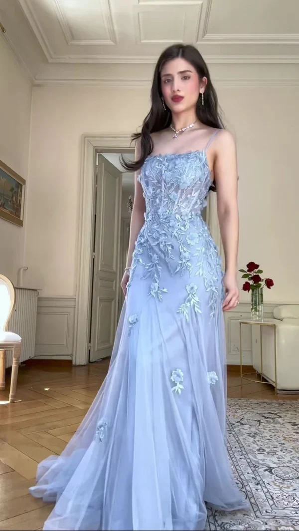 Charming Blue Mermaid Tulle Appliques Evening Dress,Long Prom Party Dress cc2585