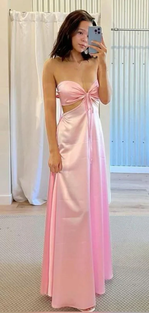 Sexy Pink Satin Backless Party Gown Long Prom Dress cc2265