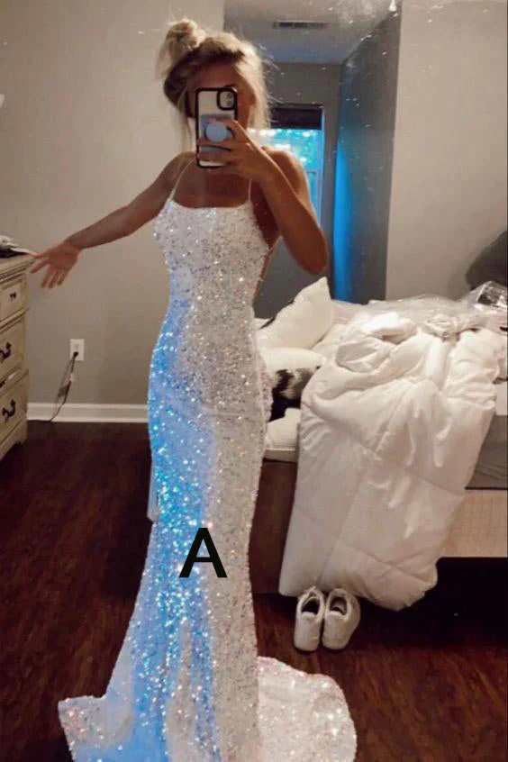 Beautiful White Sequins Long Prom Dress,Formal Party Evening Gown cc2541