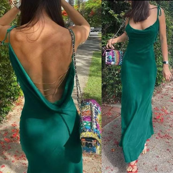 Vintage Spaghetti Straps Green Backless Prom Dress Long Party Evening Gown cc2353