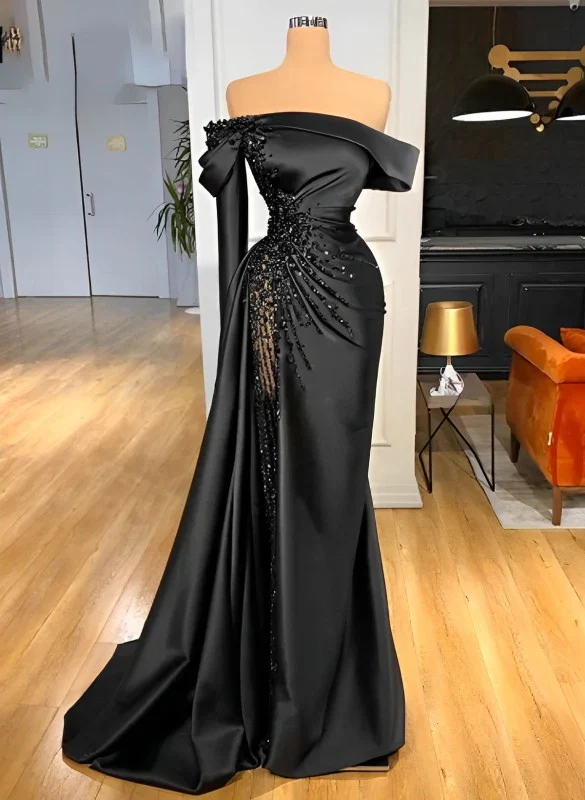 Classic Sheath Off-The-Shoulder Satin Beaded Prom Dress Formal Party Evening Gown cc2438