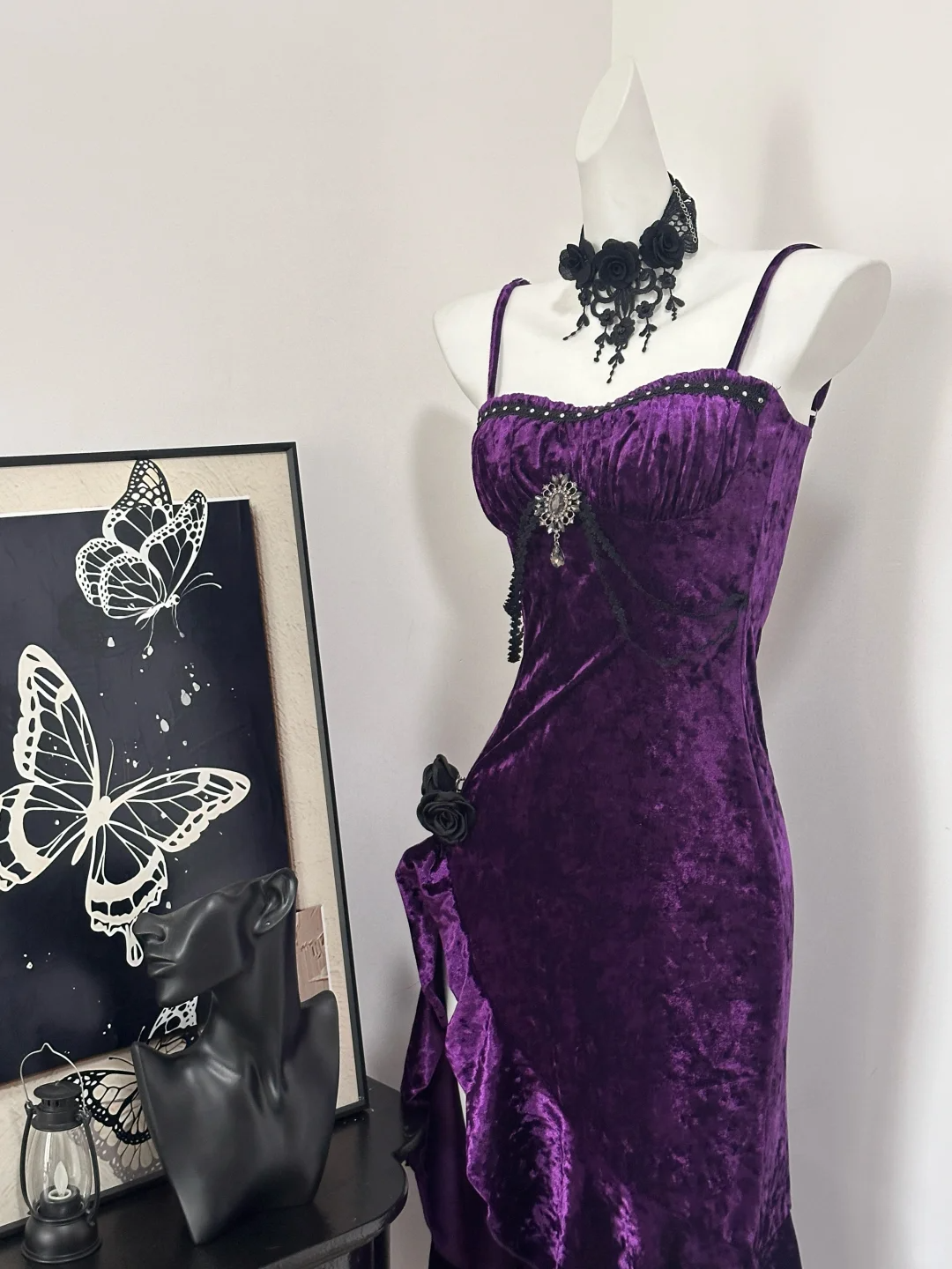 Chic Purple Spaghetti Straps Velvet Ruffles Birthday Outfits Long Party Dress cc3222