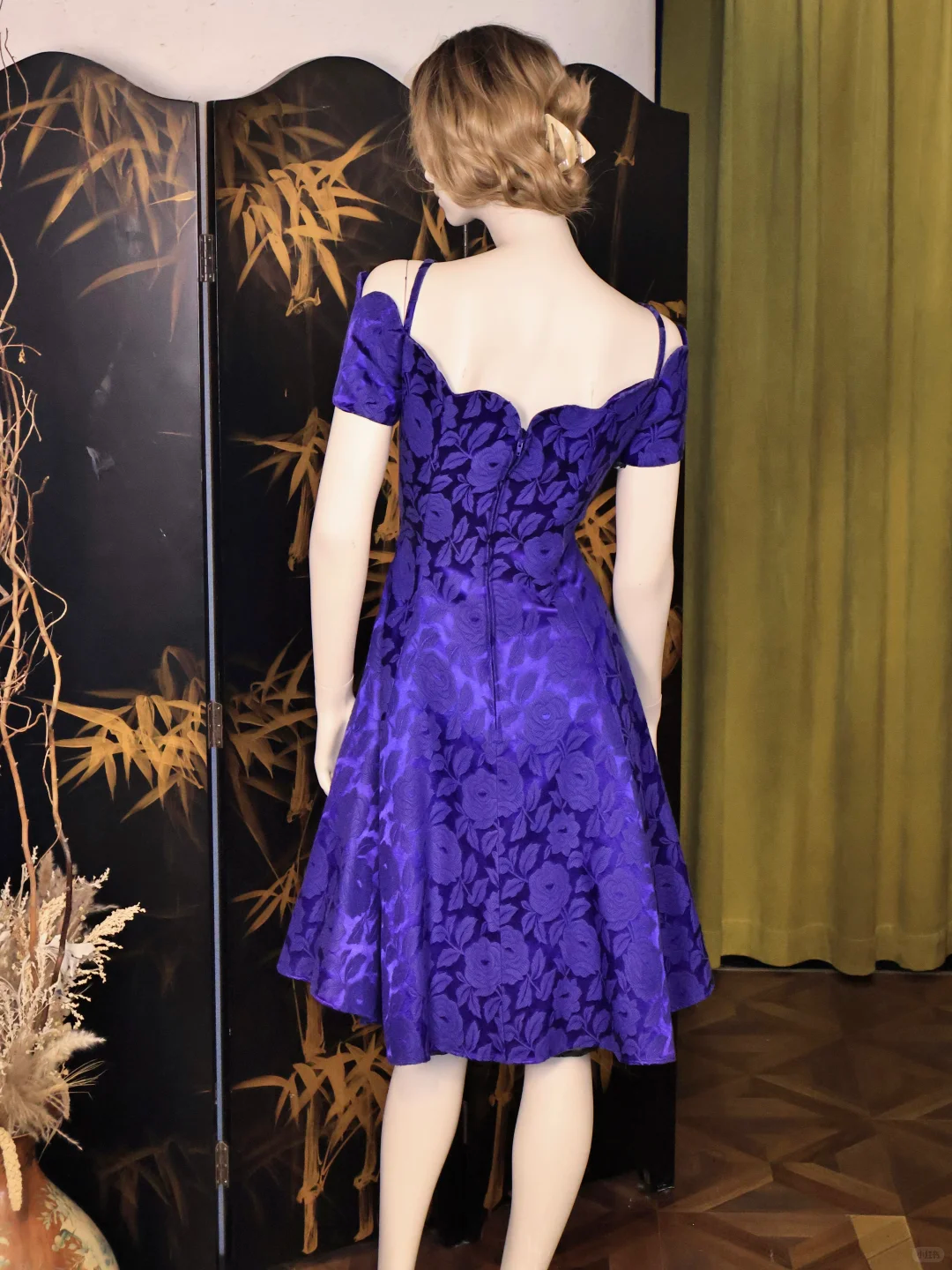 Vintage Purple Satin Floral Print A Line Homecoming Dress Off Shoulder Short Birthday Outfits cc3328