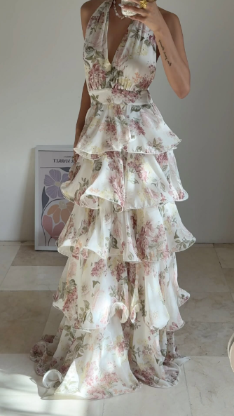 Gorgeous Halter Chiffon Print Floral Layered Evening Dress,Back A Line Prom Party Dress cc2928
