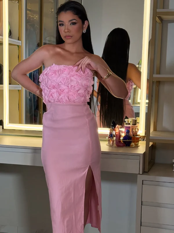 Chic Pink Strapless Rose Flowers Prom Dress,Sheath Slit Evening Dress cc2698