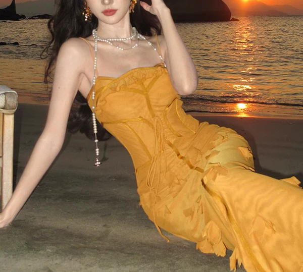 Unique Orange Mermaid Evening Gown Spaghetti Strap 3D Flower Long Prom Dress cc2434