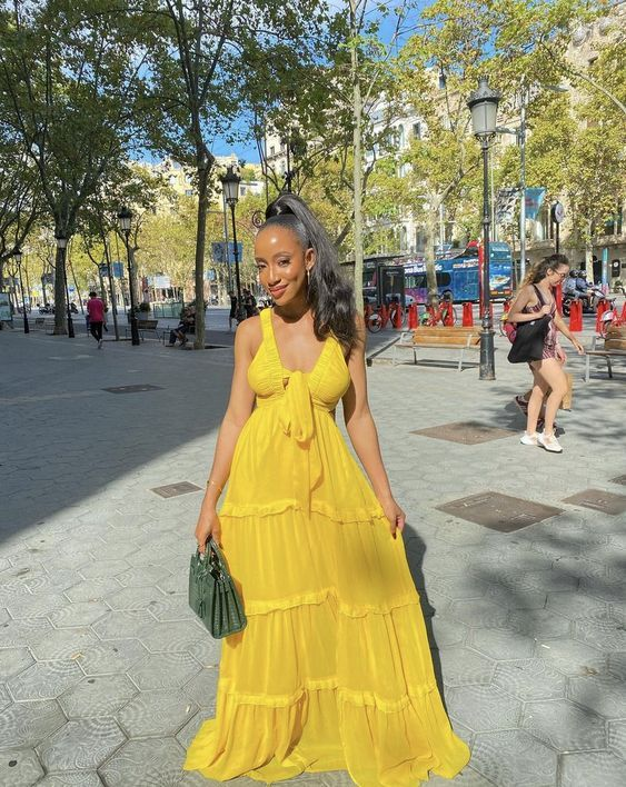 Sexy Straps Yellow Long Chiffon Prom Dress A Line Party Gown cc2407