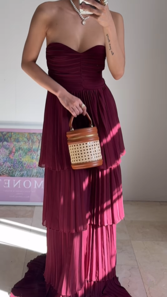 Vintage Burgundy Strapless Chiffon Layered A Line Prom Evening Dress,Long Party Dress cc2930