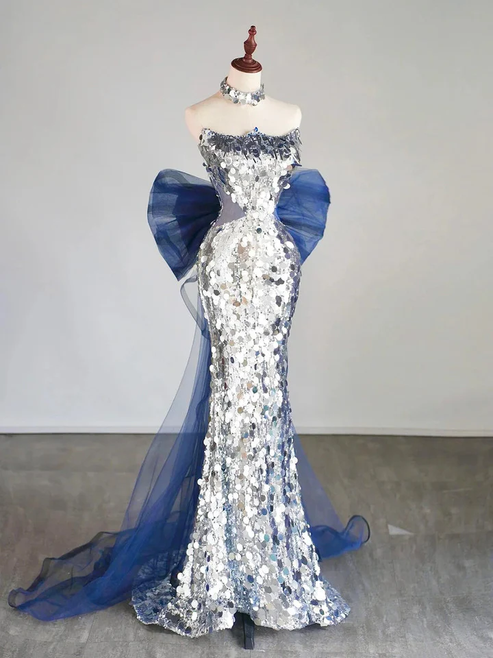 Glitter Silver Sequins Long Evening Dress Mermaid Prom Dress With Bow cc2063