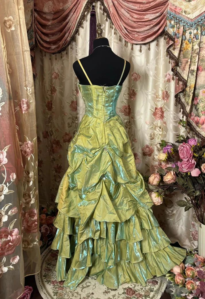 Vintage Green Satin Beaded Pleated A Line Prom Dress,Ball Gown cc2967