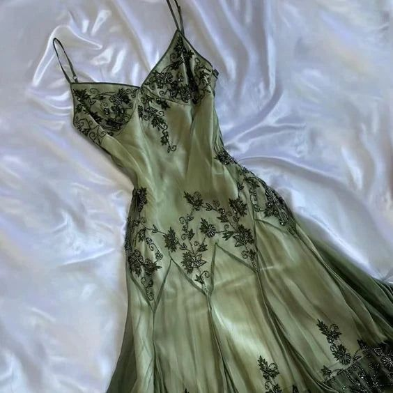 Vintage Green Straps Beaded A Line Prom Dress Party Evening Dress cc2048