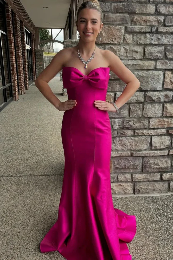 Chic Bow Strapless Mermaid Evening Dress Hot Pink Prom Dress cc2303