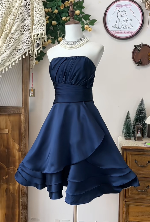 Vintage Strapless Navy Blue A Line Short Party Dress Homecoming Dress cc3260