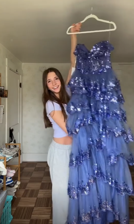 Pretty Blue Tulle Sequins Layered Prom Dress Long Slit Party Evening Gown cc2452