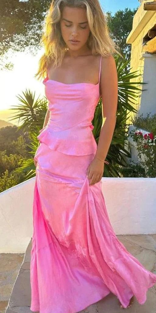 Charming Spaghetti Straps Pink Long Prom Dress Mermaid Evening Dress cc2134