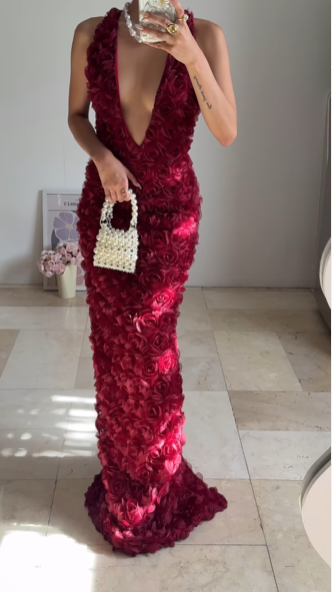 Gorgeous Deep V Burgundy Rose Flowers Long Party Evening Dress,Sheath Prom Dress cc2932