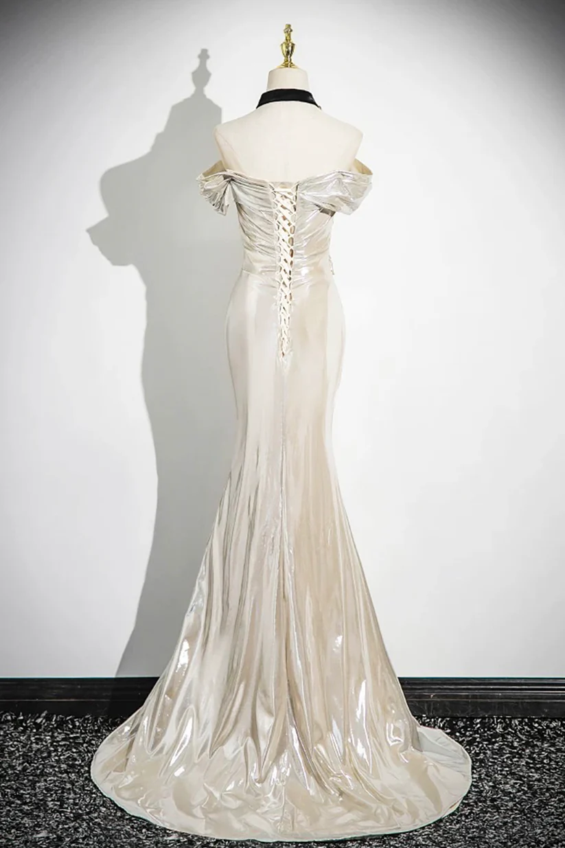 Champagne Off The Shoulder Satin Party Dress, Elegant Mermaid Evening Dress cc2647