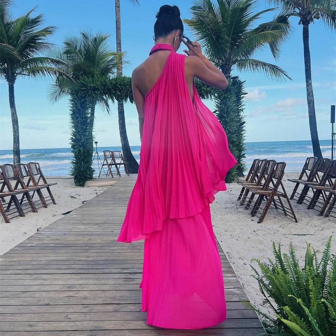 Elegant Long Pleated High Neck Evening Dresses A-Line Chiffon Formal Dress for Women cc543