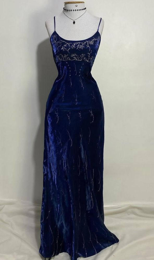 Luxury Spaghetti Straps Navy Blue Velvet Beaded Prom Dress Evening Dress cc2851