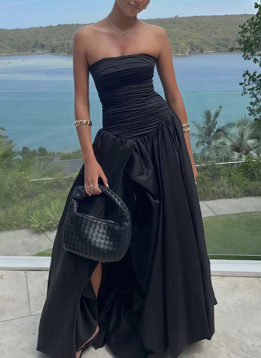 Fashion Black Ruched Slit Party Gown A Line Prom Evening Dress cc2185