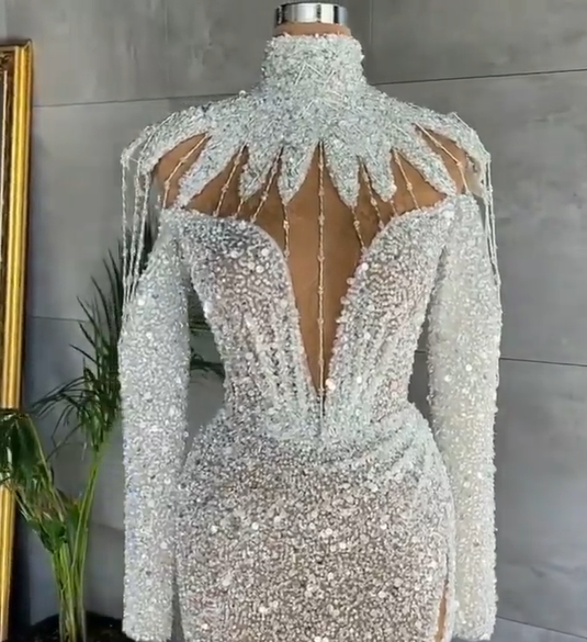 White Arabic Split Prom Dresses Luxury Beading Sequined High Neck Long Sleeve Women Plus Size Formal Evening Gowns C1942