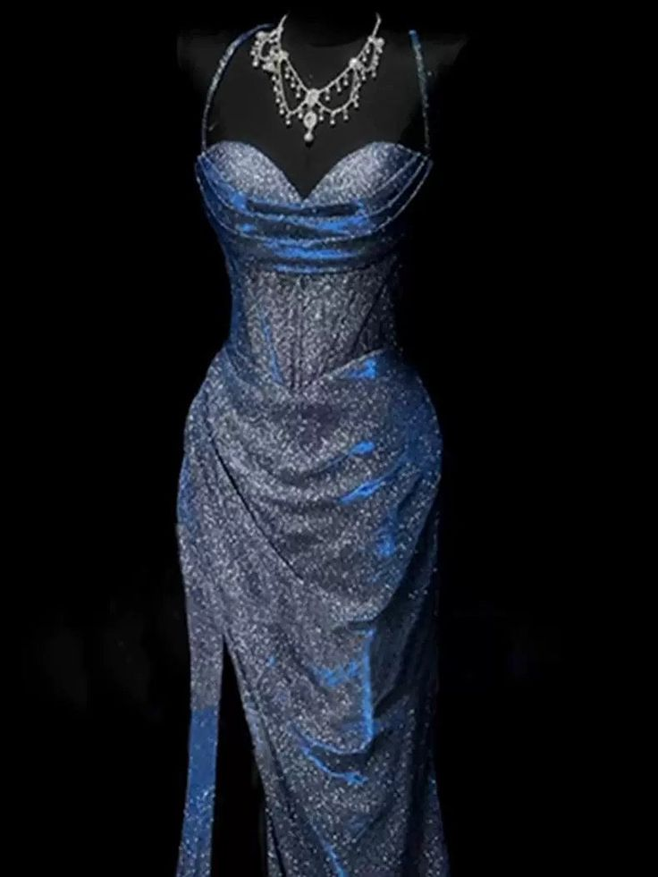 Pretty Mermaid Spaghetti Straps Navy Blue Satin Slit Party Dress cc3016