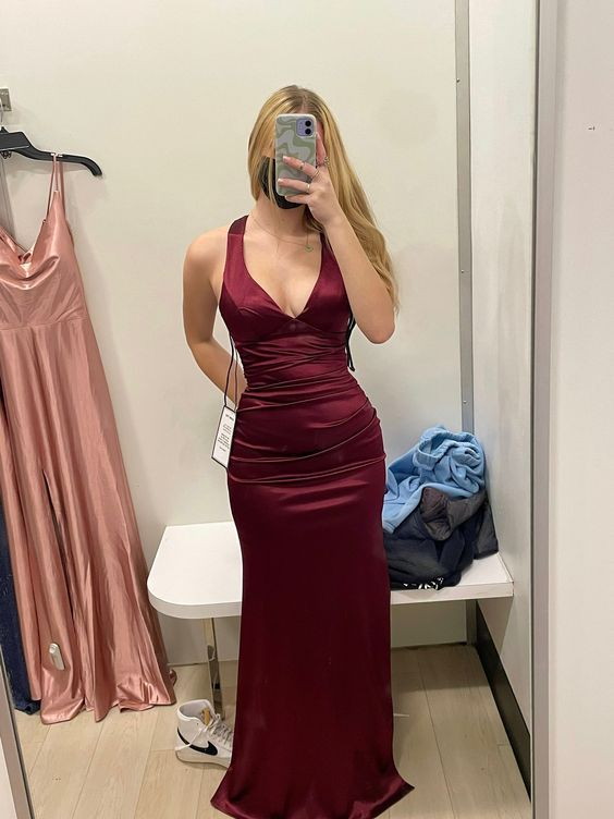 Burgundy Satin Plunging V- Neckline Long Evening Dress, Prom Dresses, Evening Party Dresses cc553