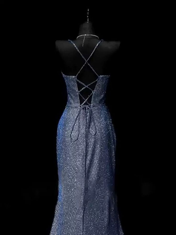 Pretty Mermaid Spaghetti Straps Navy Blue Satin Slit Party Dress cc3016