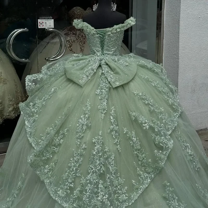 Charming Green Tulle Lace Appliques Ball Gown,off Shoulder Quinceanera Dress Party Birthday Dress cc2605