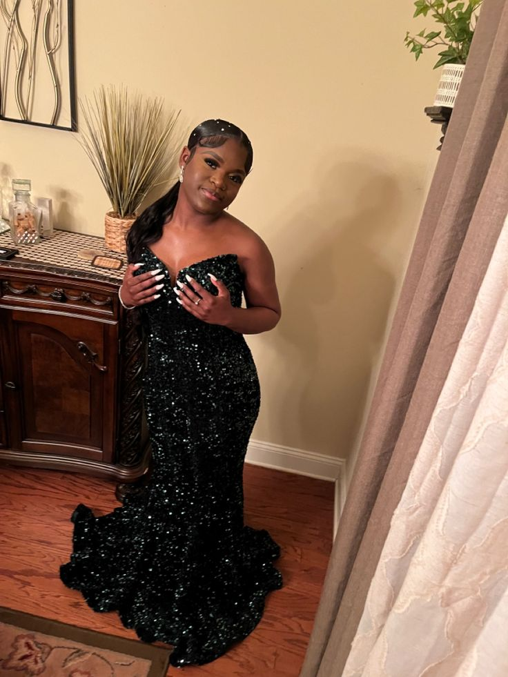Sexy Sequins Mermaid Prom Evening Dress Dark Green Party Gown cc2446