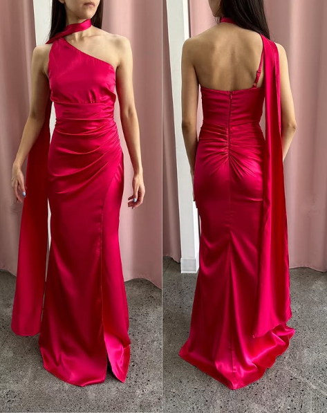 Gorgeous Hot Pink One Shoulder Satin Long Prom Dress,Mermaid Party Evening Dress cc2862