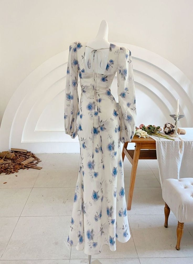 Classy Ice Blue Chiffon Rose Print Floral Prom Party Dress,Long Mermaid Evening Dress cc2847