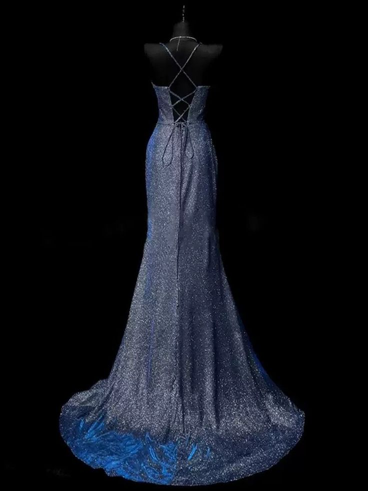 Pretty Mermaid Spaghetti Straps Navy Blue Satin Slit Party Dress cc3016
