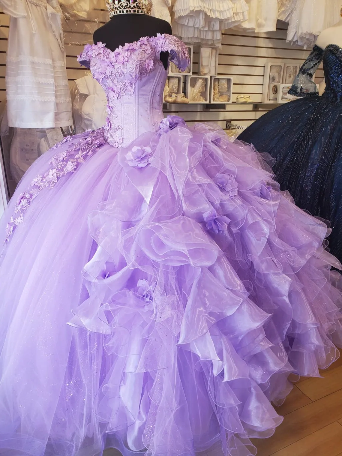 Off-The-Shoulder Lavender Tulle Quinceanera Dresses Flowers Ball Gown Sweet 15 C1601