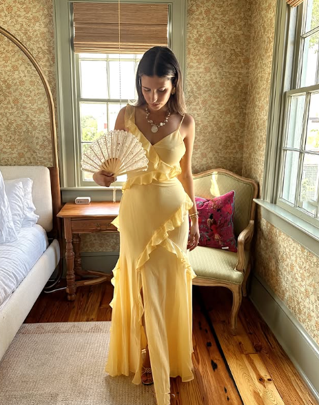 Elegant Yellow Spaghetti Straps Ruffle Slit Prom Dress,Long Party Evening Dress cc3001